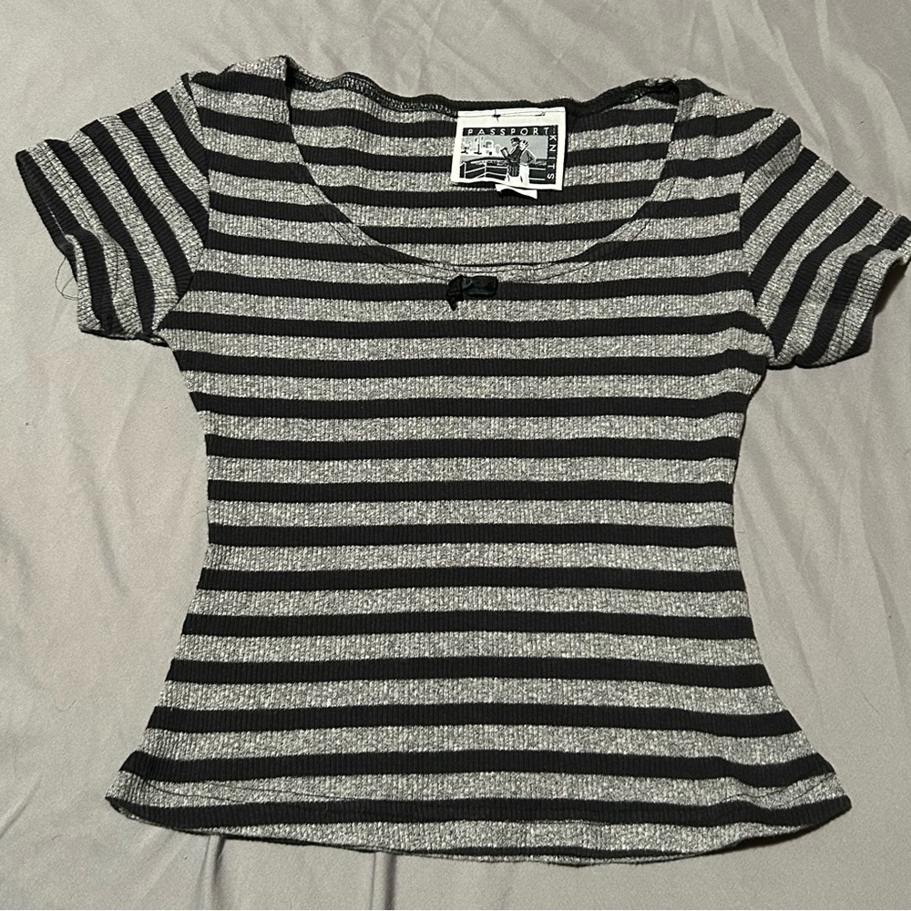 Black and Gray Striped Women's Crop Top soft material emo horror game coquette